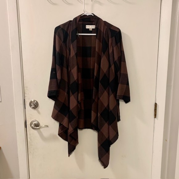 Knox Rose Brown Black Plaid Rollup Sleeve Asymmetrical Open Cardigan Size Medium - Picture 3 of 9